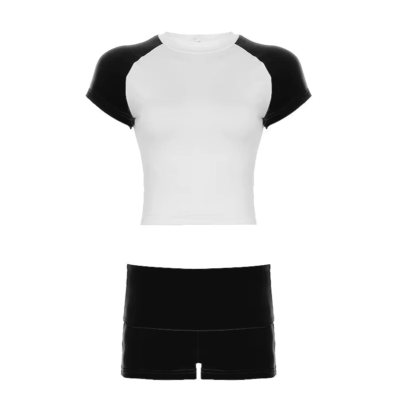 2026 New Design Summer Casual Sports 2 Piece Set Women Slim Short Sleeve Top Ruched Fold over Shorts Track Suits