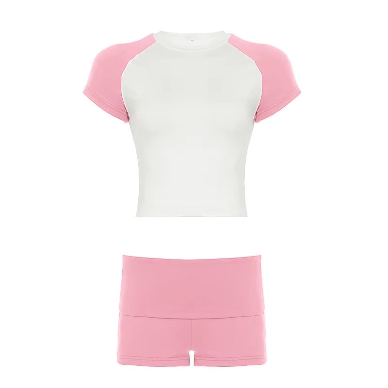 2026 New Design Summer Casual Sports 2 Piece Set Women Slim Short Sleeve Top Ruched Fold over Shorts Track Suits
