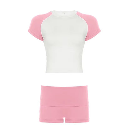 2026 New Design Summer Casual Sports 2 Piece Set Women Slim Short Sleeve Top Ruched Fold over Shorts Track Suits