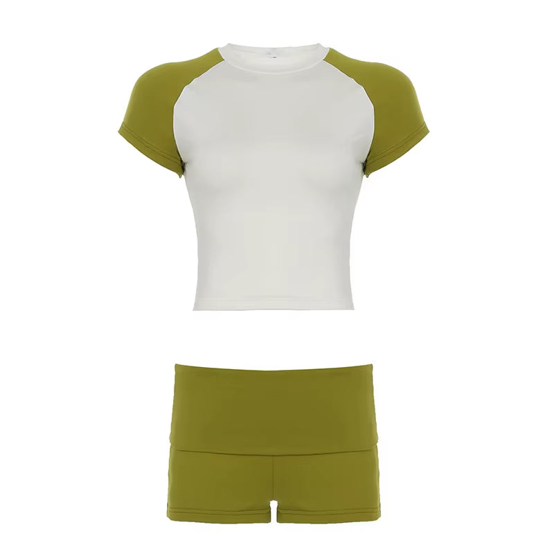 2026 New Design Summer Casual Sports 2 Piece Set Women Slim Short Sleeve Top Ruched Fold over Shorts Track Suits