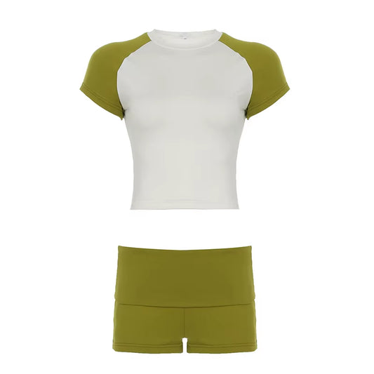 2026 New Design Summer Casual Sports 2 Piece Set Women Slim Short Sleeve Top Ruched Fold over Shorts Track Suits